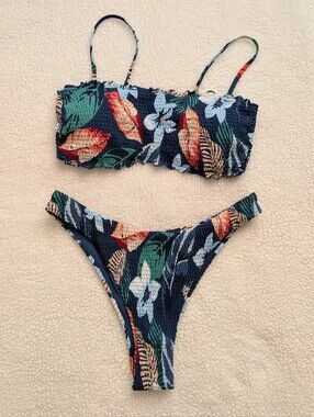 EUC Hollister Swim High Leg Cheeky Smocked Bandeau Floral Tropical Bikini Set